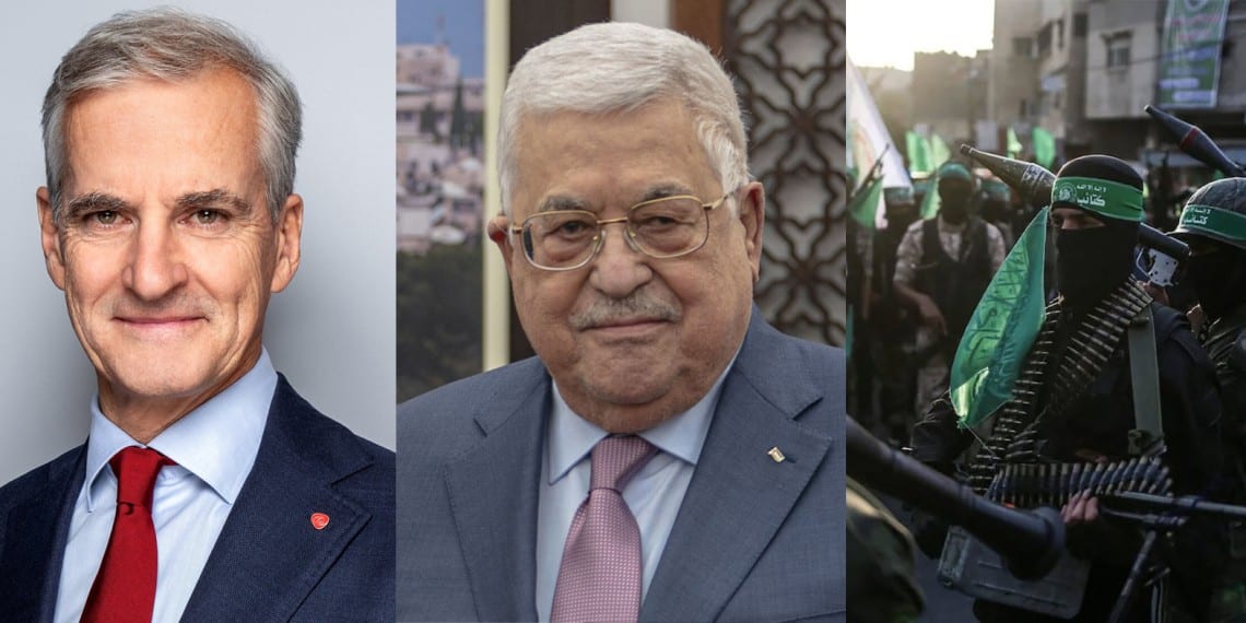 En uhellig trio. Statsminister Jonas Gahr Støre, Mahmoud Abbas (PA) og terrororganisasjonen Hamas.
Foto: NTB Kommunikasjon/Statsministerens kontor, U.S. Department of State from United States, Public domain, via Wikimedia Commons. Hamas: Middle East Monitor